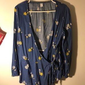 Blue flowered tie-across blouse